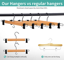 Load image into Gallery viewer, Perfecasa Premium Wooden Pants Hangers 10 Pack, Skirt Hangers with Two Sure Grip Clips, Noise Canceling Swivel Hook (Clear Natural)
