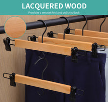 Load image into Gallery viewer, Perfecasa Premium Wooden Pants Hangers 10 Pack, Skirt Hangers with Two Sure Grip Clips, Noise Canceling Swivel Hook (Clear Natural)
