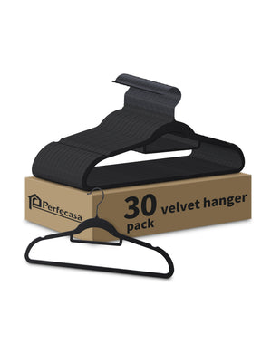 Perfecasa Black Velvet Hanger Non Slip Clothes Hangers - Ultra Slim & Space Saving - Swivel Black Hook for Clothing, Suit, Top, Tie, Shirt, Skirt & Pant Felt Hanger, 30 Pack Black Color