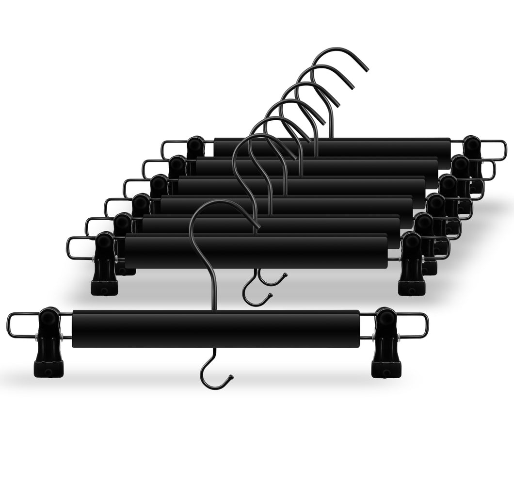 Perfecasa Perchas de madera premium para pantalones, paquete de 10, perchas para faldas con gancho para reducir el ruido, clips de agarre seguro para remolque (color negro)