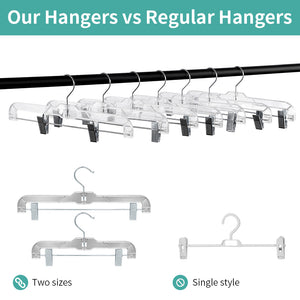Perfecasa Crystal Acrylic Clear Plastic Clothes Bottom 14 pulgadas perchas con fuertes clips de metal, resistente, faldas, pantalones, pantalones, baúles, trajes de baño, 5131 20 piezas