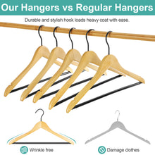 Load image into Gallery viewer, Perfecasa Premium Quality Wooden Clothes Hangers,Grade A Solid W/Special Noise Cancel Hook and Non Slip Pant Bar 20 Pack, Suits, Coat, Pants, Shirts (Clear Natural)