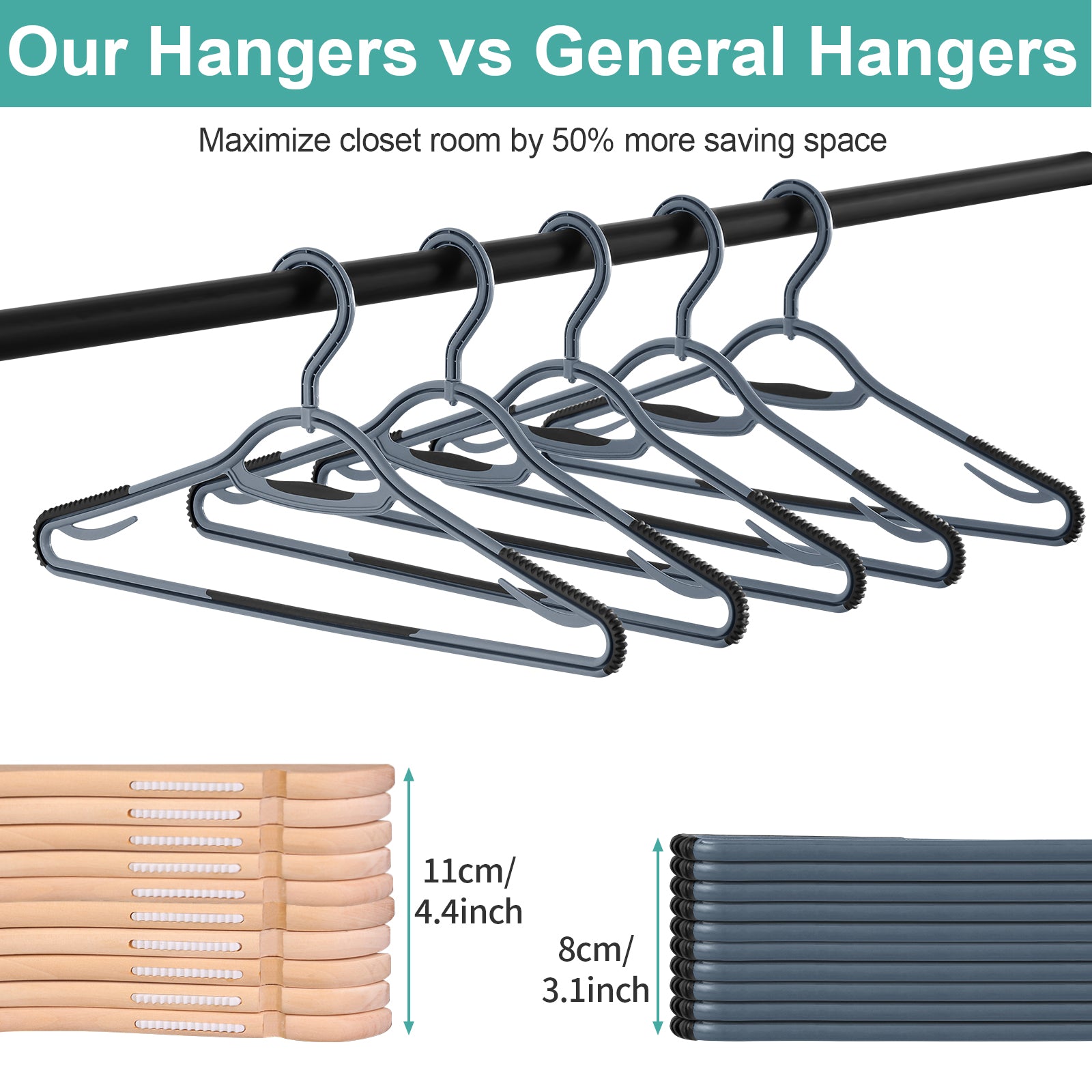 Plastic Clothes Hangers 50 Pack, Black-Lightweight Space Saving