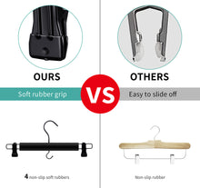 Cargue la imagen en el visor de la galería, Perfecasa Perchas de madera premium para pantalones, paquete de 10, perchas para faldas con gancho para reducir el ruido, clips de agarre seguro para remolque (color negro)