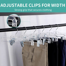 Cargue la imagen en el visor de la galería, Perfecasa Crystal Acrylic Clear Plastic Clothes Bottom 14 pulgadas perchas con fuertes clips de metal, resistente, faldas, pantalones, pantalones, baúles, trajes de baño, 5131 20 piezas