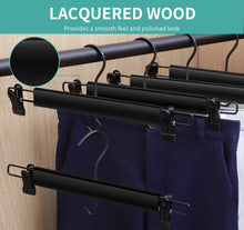 Cargue la imagen en el visor de la galería, Perfecasa Perchas de madera premium para pantalones, paquete de 10, perchas para faldas con gancho para reducir el ruido, clips de agarre seguro para remolque (color negro)