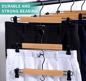 Perfecasa Premium Wooden Pants Hangers 10 Pack, Skirt Hangers with Two Sure Grip Clips, Noise Canceling Swivel Hook (Clear Natural)