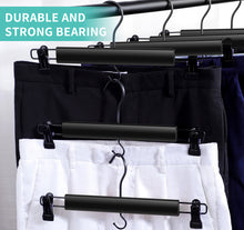 Cargue la imagen en el visor de la galería, Perfecasa Perchas de madera premium para pantalones, paquete de 10, perchas para faldas con gancho para reducir el ruido, clips de agarre seguro para remolque (color negro)
